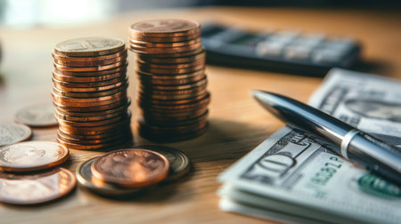 Stacks of coins and cash are besides an open notebook filled with calculations, reflecting financial planning and budgeting efforts.の素材