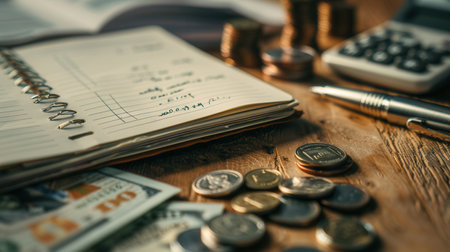 A stack of cash and coins sits beside an open notebook filled with handwritten notes and calculations, alongside a calculator and a pen.の素材