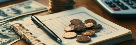 A wooden table displays a stack of cash, coins, and an open notebook filled with notes and calculations, reflecting an organized financial review.の素材