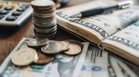 A collection of cash, coins, and an open notebook displaying written calculations and notes on personal finances.の素材