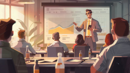 A professional shares financial strategies with an engaged audience in a contemporary conference space filled with natural light.の素材