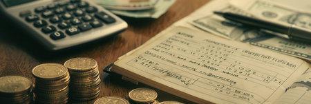 Stacks of cash and coins are alongside an open notebook filled with financial notes and a calculator on a wooden desk.の素材