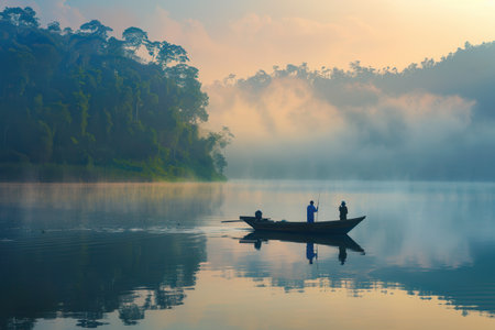 Two fishermen quietly fish from a small boat at sunrise, with mist rising above the tranquil lake and greenery in the background.の素材