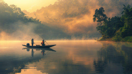 Two fishermen are quietly fishing from their boat on a serene lake as the morning mist rises amidst the surrounding mountains.の素材