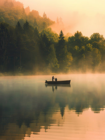 A person paddles a canoe across a peaceful lake, enveloped in morning mist and framed by lush green trees.の素材