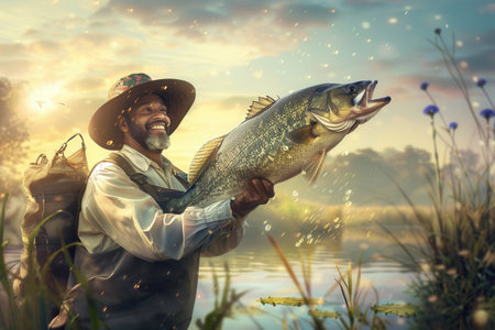 A happy fisherman holds a large fish with a big smile, surrounded by water and greenery in the bright morning light.の素材