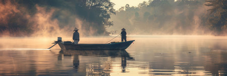 Two fishermen paddle a boat on a misty river as the sun rises, creating a peaceful and serene atmosphere surrounded by nature.の素材