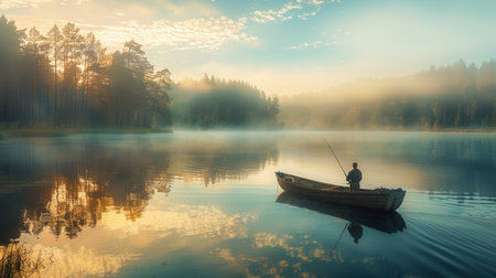 Early morning light casts a warm glow as a fisherman drifts on a calm lake, surrounded by misty trees and reflecting colors in the water.の素材