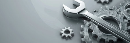 A simple logo design combines metallic gears and a wrench, symbolizing mechanical repair and engineering services creatively.の素材
