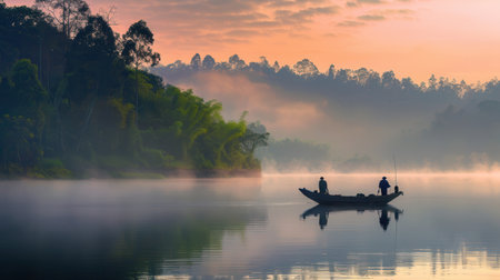 Fishermen quietly navigate a calm lake at dawn, surrounded by lush trees and a soft mist rising from the water.の素材