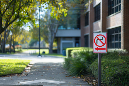 A no smoking sign stands prominently next to a clean walkway lined with greenery, indicating a smoke-free area in a sunny outdoor space.の素材