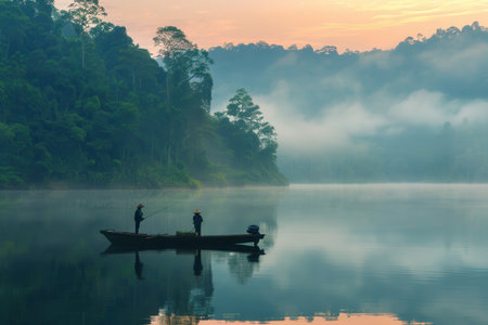 Fishermen enjoy a quiet morning on the still lake, surrounded by lush forests and gentle mist as the sun begins to rise.の素材
