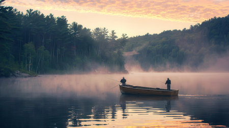 Two fishermen in a wooden boat enjoy a peaceful morning on a serene lake as mist hangs over the water and trees rise in the background.の素材