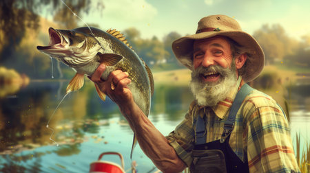A fisherman beams with pride as he holds up a large, shiny fish caught from the lake, basking in the beauty of a sunny day.の素材