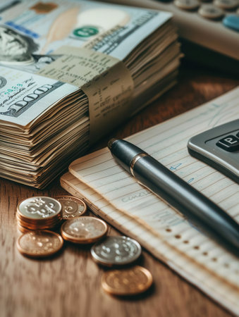 A stack of cash and coins lies next to an open notebook filled with notes and calculations, creating a productive financial atmosphere.の素材