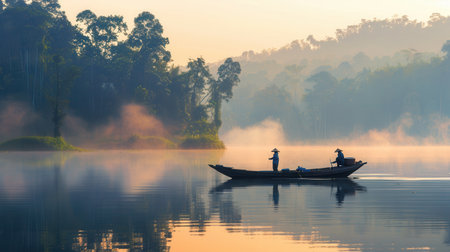 Two fishermen paddle their boat across a calm lake as morning fog blankets the water and trees in the background.の素材