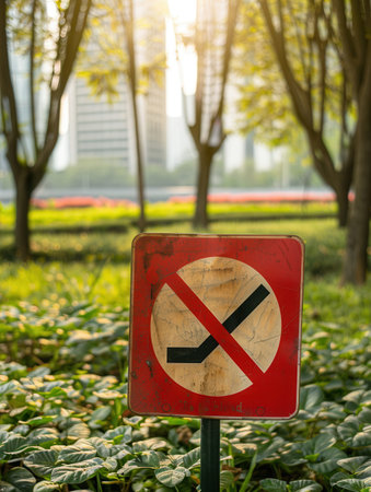 A red no smoking sign stands in a lush park, illuminated by the warm light of evening sun, with trees and distant buildings creating a tranquil atmosphere.の素材