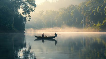 Two individuals fish peacefully from a small boat on a still river, enveloped in morning mist and framed by lush greenery.の素材