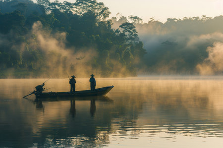 Fishermen work quietly on a boat in a calm lake, shrouded in morning mist, as the sun rises behind the trees.の素材