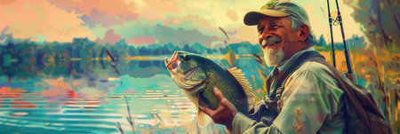 A joyful fisherman holds a large, shiny fish while standing near a tranquil lake at sunset, celebrating a successful day of fishing.の素材