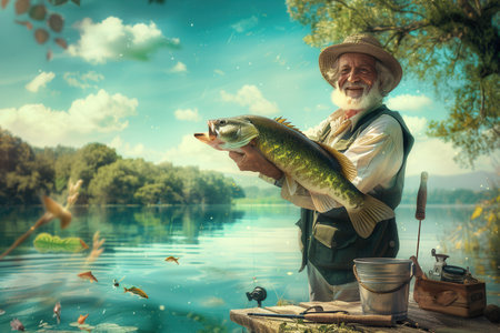 A fisherman beams with joy as he displays a large, shiny fish caught from the river on a warm sunny day.の素材