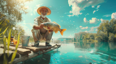 A cheerful fisherman holds up a big, shiny fish, celebrating his catch amidst the serene riverside landscape on a bright day.の素材