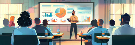 A professional is presenting financial insights in a contemporary conference room while the audience attentively takes notes.の素材