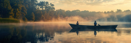 Two fishermen sit in a boat, surrounded by misty lake waters and early morning light, creating a peaceful atmosphere for fishing.の素材