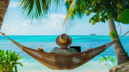 A person lounges in a hammock, sipping cocktails while working on a laptop, surrounded by lush greenery and the sparkling ocean.の素材