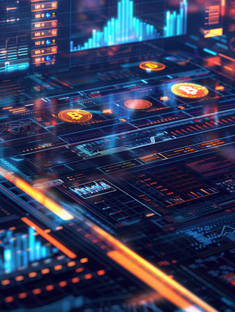 A cryptocurrency exchange interface showcases multiple coins with real-time market values and analytics in a dynamic digital landscape.の素材