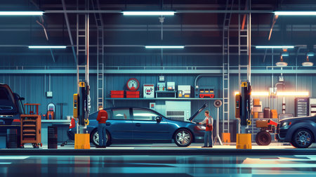 Mechanics actively repair vehicles in a well-organized automotive workshop filled with tools and equipment during daylight hours.の素材