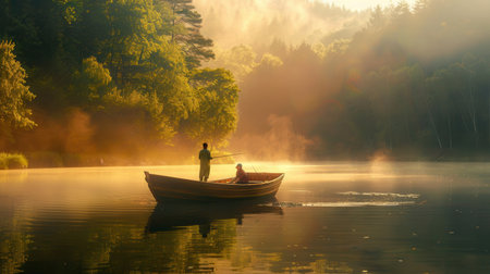 Fishermen enjoy a tranquil morning on a still lake, surrounded by lush trees and early morning mist as the sun rises.の素材