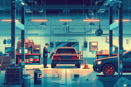 A mechanic inspects an electric vehicle's battery in a well-equipped workshop filled with tools and other vehicles during the evening.の素材