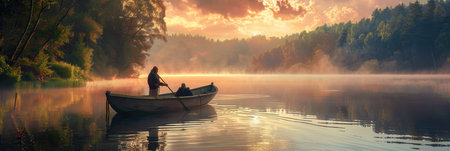 A person paddles a small boat across a misty lake as the sun sets, creating a serene atmosphere with reflections on the water.の素材
