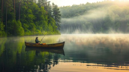A person quietly fishes from a small wooden boat on a serene lake, enveloped in morning fog with trees lining the shore.の素材