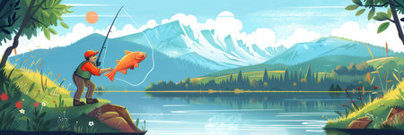 A joyful fisherman proudly holds a large, shiny fish after a rewarding day fishing at a beautiful lake with mountains in the background.の素材