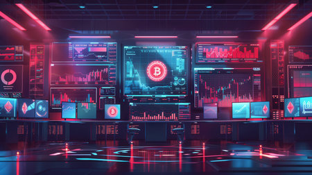 A digital exchange platform showcases various cryptocurrencies and their current market values in a vibrant trading environment.の素材