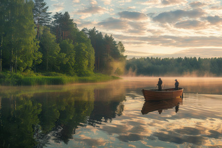 Two fishermen cast their lines into a serene lake at sunrise, enveloped in gentle mist and surrounded by verdant trees reflecting in the water.の素材