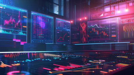 Cryptocurrency exchange interface shows various coins with market values and data visualizations in a vibrant trading room.の素材