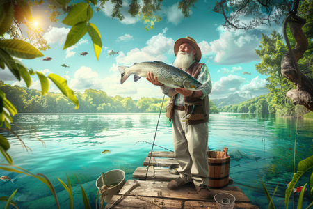 A joyful fisherman proudly displays a large, shiny fish, enjoying a day of fishing at a tranquil lake surrounded by lush greenery.の素材