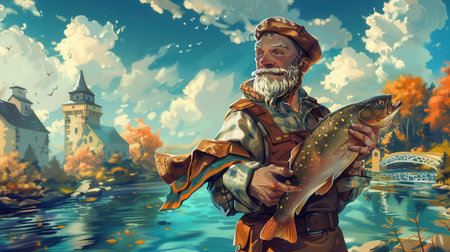 A cheerful fisherman proudly displays a large fish he caught, surrounded by a beautiful riverside landscape and historic scenery.の素材