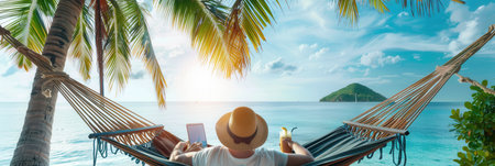 A person lounges in a hammock overlooking the ocean, sipping a refreshing drink while enjoying a serene sunset among palm trees.の素材