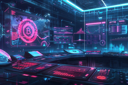 The interface displays cryptocurrencies, their market values, and analytics in a visually engaging, futuristic setting.の素材
