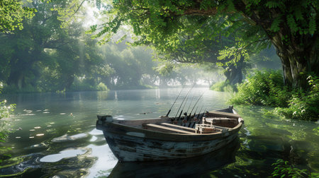 A fishing boat rests on a calm river, embraced by vibrant greenery and soft morning light.の素材