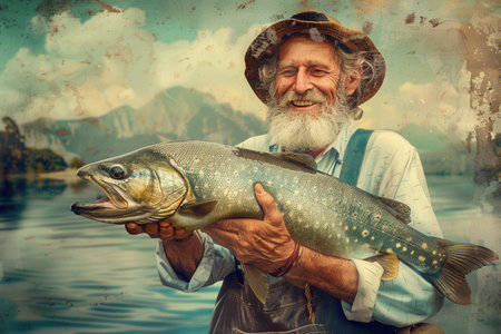 A cheerful fisherman holds a large, shiny fish in both hands, showing his successful catch at a tranquil lake under a clear sky.の素材