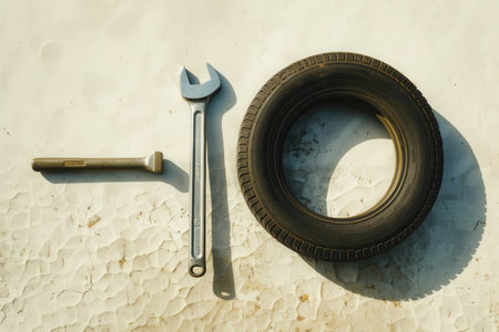 A tire and a wrench are positioned on a textured surface, highlighting tools for vehicle repair and maintenance in a minimalist layout.の素材