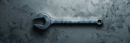 A metallic wrench lies flat on a textured work surface, emphasizing its simplicity and utility in tools and mechanics.の素材