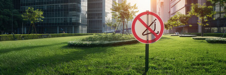 A no smoking sign stands in a lush green park surrounded by tall buildings as the sun sets, casting a golden warm light across the landscape.の素材