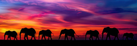 Elephants traverse the savannah, silhouetted against a stunning sunset with rich colors filling the sky.の素材