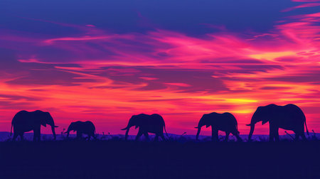 A group of elephants strolls through the savanna as a vibrant sunset paints the sky in shades of purple and orange.の素材